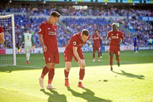 CARDIFF, WALES - Saturday, April 20, 2019: Liverpool's captain James Milner celebrates scoring the second goal from a penalty kick during the FA Premier League match between Cardiff City FC and Liverpool FC at the Cardiff City Stadium. (Pic by David Rawcliffe/Propaganda)