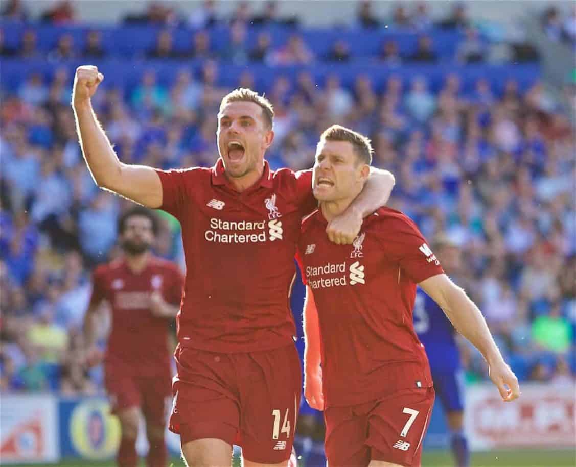 CARDIFF, WALES - Saturday, April 20, 2019: Liverpool's captain James Milner celebrates scoring the second goal from a penalty kick during the FA Premier League match between Cardiff City FC and Liverpool FC at the Cardiff City Stadium. (Pic by David Rawcliffe/Propaganda)