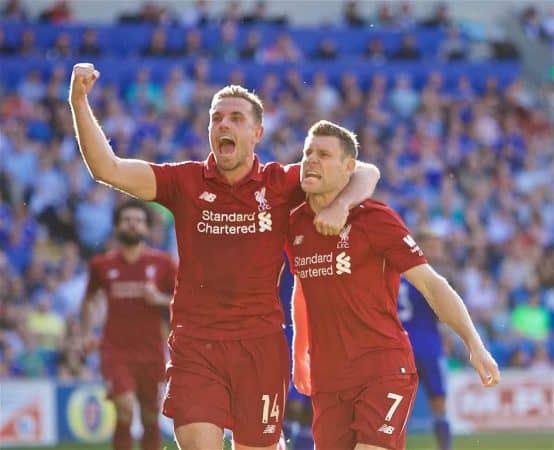 CARDIFF, WALES - Saturday, April 20, 2019: Liverpool's captain James Milner celebrates scoring the second goal from a penalty kick during the FA Premier League match between Cardiff City FC and Liverpool FC at the Cardiff City Stadium. (Pic by David Rawcliffe/Propaganda)