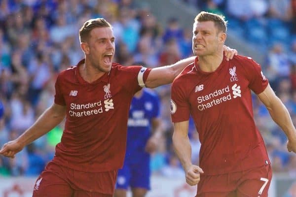 CARDIFF, WALES - Saturday, April 20, 2019: Liverpool's captain James Milner celebrates scoring the second goal from a penalty kick during the FA Premier League match between Cardiff City FC and Liverpool FC at the Cardiff City Stadium. (Pic by David Rawcliffe/Propaganda)