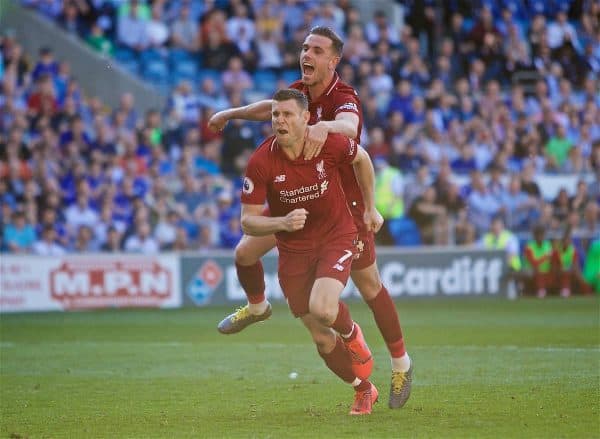 CARDIFF, WALES - Saturday, April 20, 2019: Liverpool's captain James Milner celebrates scoring the second goal from a penalty kick during the FA Premier League match between Cardiff City FC and Liverpool FC at the Cardiff City Stadium. (Pic by David Rawcliffe/Propaganda)