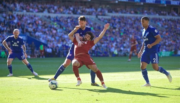 CARDIFF, WALES - Saturday, April 20, 2019: Liverpool's Mohamed Salah is brought down by Cardiff City's captain Sean Morrison for a penalty during the FA Premier League match between Cardiff City FC and Liverpool FC at the Cardiff City Stadium. (Pic by David Rawcliffe/Propaganda)