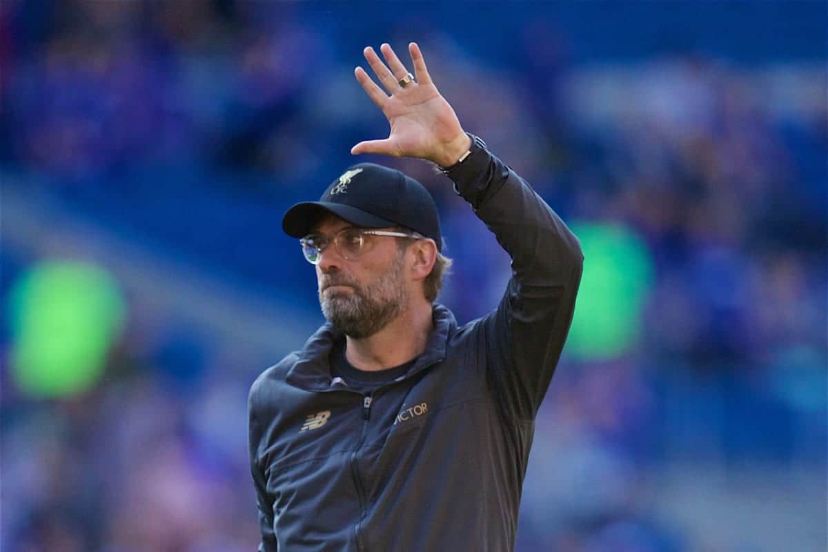 CARDIFF, WALES - Saturday, April 20, 2019: Liverpool's manager J¸rgen Klopp celebrates after the 2-0 victory during the FA Premier League match between Cardiff City FC and Liverpool FC at the Cardiff City Stadium. (Pic by David Rawcliffe/Propaganda)