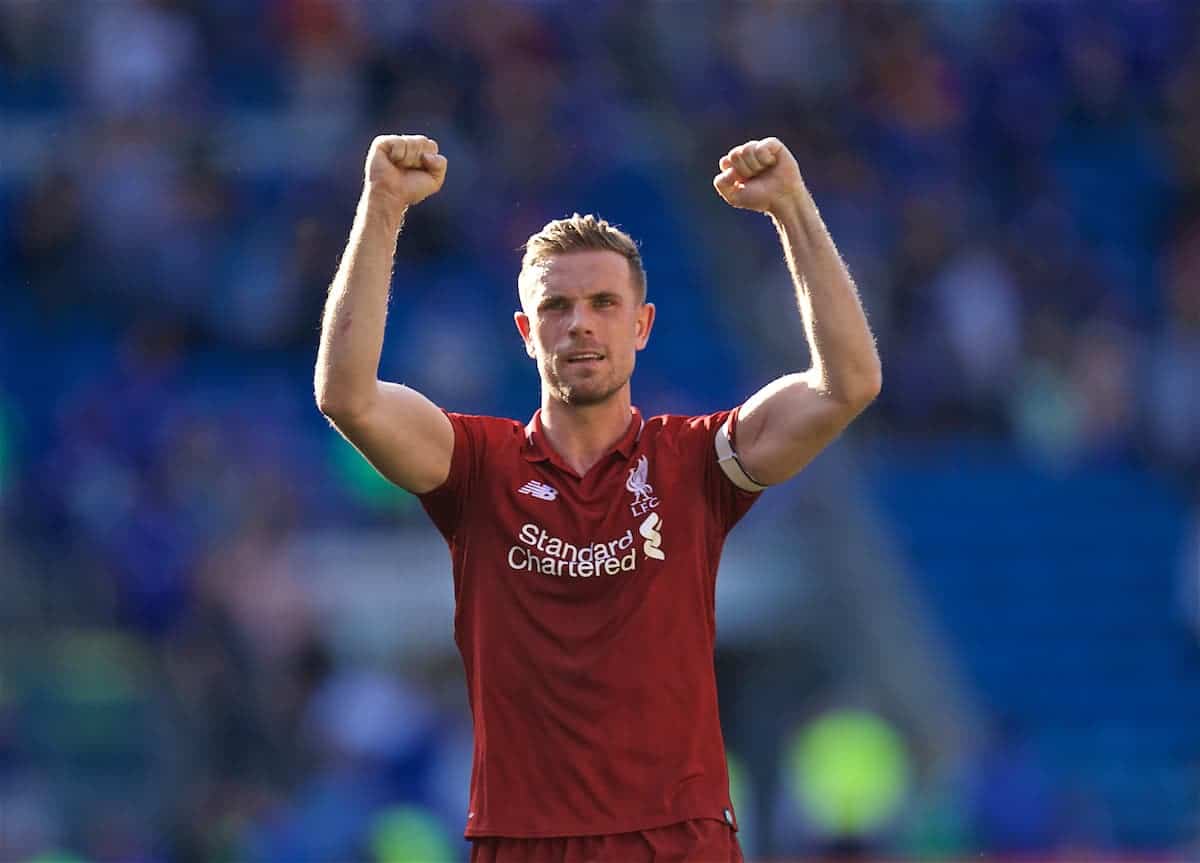CARDIFF, WALES - Saturday, April 20, 2019: Liverpool's captain Jordan Henderson celebrates after the 2-0 victory during the FA Premier League match between Cardiff City FC and Liverpool FC at the Cardiff City Stadium. (Pic by David Rawcliffe/Propaganda)
