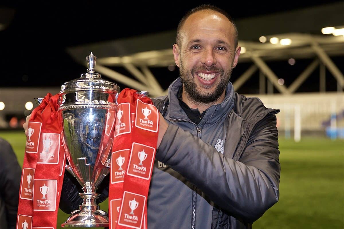 MANCHESTER, ENGLAND - Thursday, April 25, 2019: Liverpool's Under-18 manager Barry Lewtas celebrates with the trophy after the FA Youth Cup Final match between Manchester City FC and Liverpool FC at the Academy Stadium. Liverpool won 5-4 on penalties after a 1-1 extra-time draw. (Pic by David Rawcliffe/Propaganda)