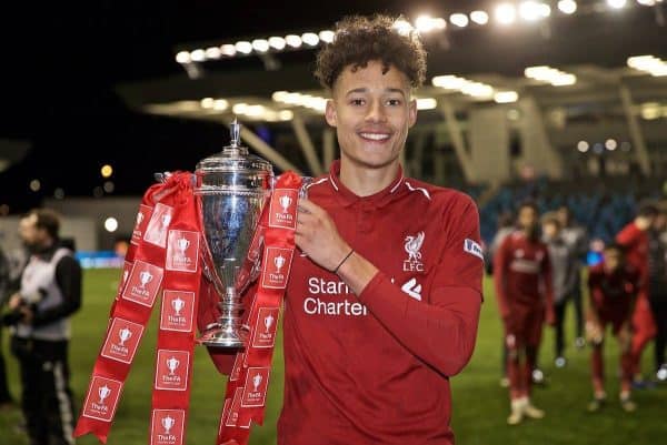 MANCHESTER, ENGLAND - Thursday, April 25, 2019: Liverpool's Rhys Williams celebrates with the trophy after the FA Youth Cup Final match between Manchester City FC and Liverpool FC at the Academy Stadium. Liverpool won 5-4 on penalties after a 1-1 extra-time draw. (Pic by David Rawcliffe/Propaganda)