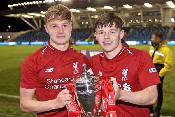 MANCHESTER, ENGLAND - Thursday, April 25, 2019: Liverpool's captain Paul Glatzel (L) and strike partner Bobby Duncan celebrate with the trophy after the FA Youth Cup Final match between Manchester City FC and Liverpool FC at the Academy Stadium. Liverpool won 5-4 on penalties after a 1-1 extra-time draw. (Pic by David Rawcliffe/Propaganda)