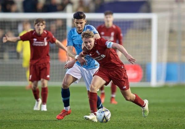 MANCHESTER, ENGLAND - Thursday, April 25, 2019: Liverpool's captain Paul Glatzel (R) is tackled by Manchester City's Nabil Touaizi during the FA Youth Cup Final match between Manchester City FC and Liverpool FC at the Academy Stadium. (Pic by David Rawcliffe/Propaganda)