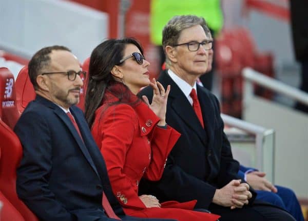 LIVERPOOL, ENGLAND - Friday, April 26, 2019: Liverpool's owner John W. Henry and wife Linda Pizzuti during the FA Premier League match between Liverpool FC and Huddersfield Town AFC at Anfield. (Pic by David Rawcliffe/Propaganda)