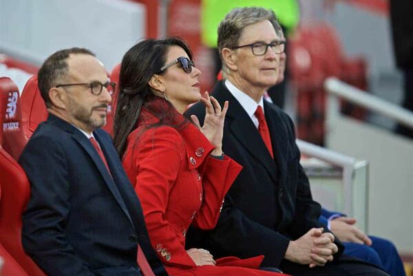 LIVERPOOL, ENGLAND - Friday, April 26, 2019: Liverpool's owner John W. Henry and wife Linda Pizzuti during the FA Premier League match between Liverpool FC and Huddersfield Town AFC at Anfield. (Pic by David Rawcliffe/Propaganda)