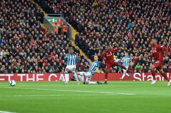 LIVERPOOL, ENGLAND - Friday, April 26, 2019: Liverpool's Naby Keita scores the first goal during the FA Premier League match between Liverpool FC and Huddersfield Town AFC at Anfield. (Pic by David Rawcliffe/Propaganda)