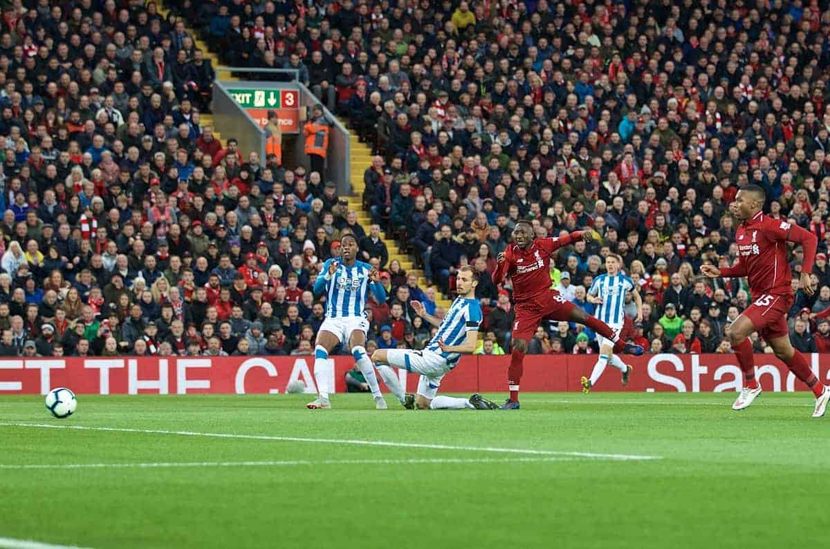 LIVERPOOL, ENGLAND - Friday, April 26, 2019: Liverpool's Naby Keita scores the first goal during the FA Premier League match between Liverpool FC and Huddersfield Town AFC at Anfield. (Pic by David Rawcliffe/Propaganda)