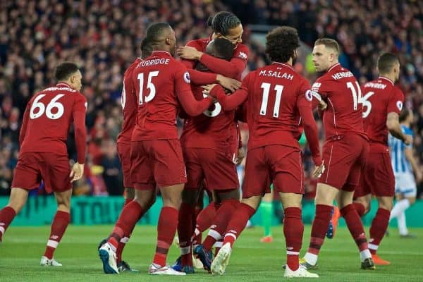 LIVERPOOL, ENGLAND - Friday, April 26, 2019: Liverpool's Naby Keita (8) celebrates scoring the first goal with team-mate during the FA Premier League match between Liverpool FC and Huddersfield Town AFC at Anfield. (Pic by David Rawcliffe/Propaganda)