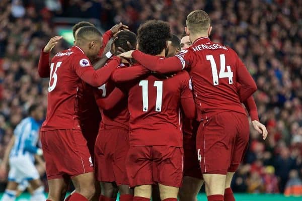 LIVERPOOL, ENGLAND - Friday, April 26, 2019: Liverpool's Naby Keita celebrates scoring the first goal with team-mates during the FA Premier League match between Liverpool FC and Huddersfield Town AFC at Anfield. (Pic by David Rawcliffe/Propaganda)