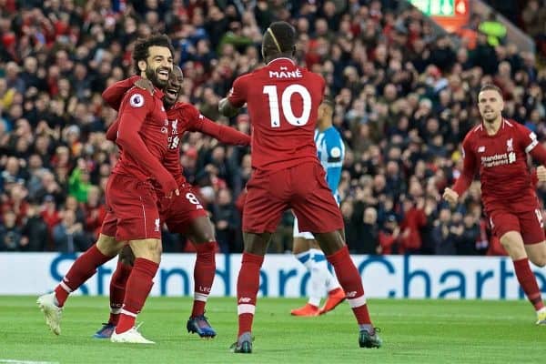 LIVERPOOL, ENGLAND - Friday, April 26, 2019: Liverpool's Naby Keita celebrates scoring the first goal with team-mates during the FA Premier League match between Liverpool FC and Huddersfield Town AFC at Anfield. (Pic by David Rawcliffe/Propaganda)