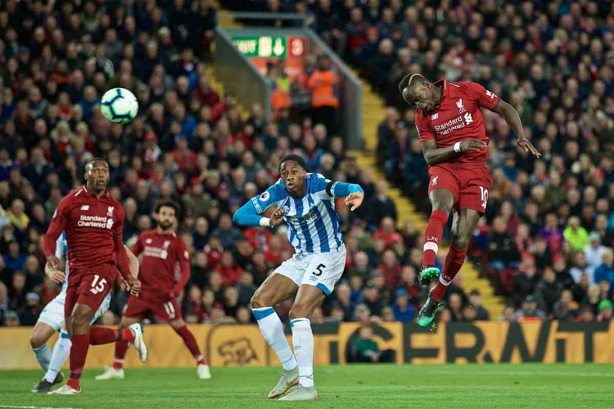 LIVERPOOL, ENGLAND - Friday, April 26, 2019: Liverpool's Sadio Mane scores the second goal during the FA Premier League match between Liverpool FC and Huddersfield Town AFC at Anfield. (Pic by David Rawcliffe/Propaganda)
