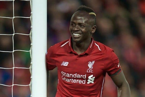 LIVERPOOL, ENGLAND - Friday, April 26, 2019: Liverpool's Sadio Mane smiles during the FA Premier League match between Liverpool FC and Huddersfield Town AFC at Anfield. (Pic by David Rawcliffe/Propaganda)