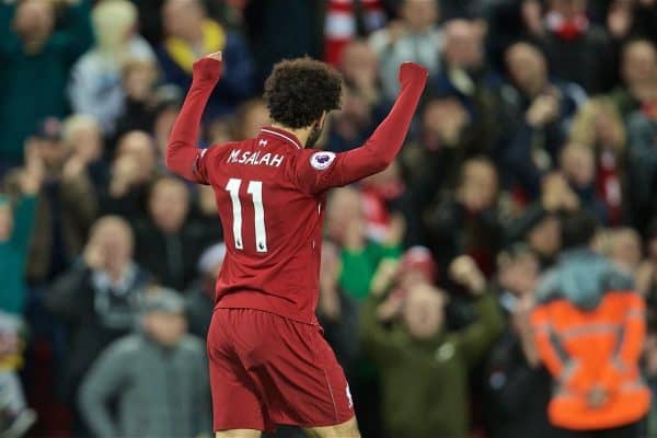 LIVERPOOL, ENGLAND - Friday, April 26, 2019: Liverpool's Mohamed Salah celebrates scoring the third goal during the FA Premier League match between Liverpool FC and Huddersfield Town AFC at Anfield. (Pic by David Rawcliffe/Propaganda)