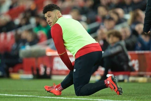 LIVERPOOL, ENGLAND - Friday, April 26, 2019: Liverpool's substitute Alex Oxlade-Chamberlain during the FA Premier League match between Liverpool FC and Huddersfield Town AFC at Anfield. (Pic by David Rawcliffe/Propaganda)