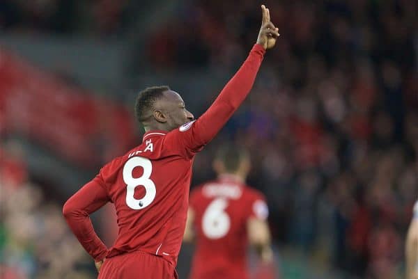 LIVERPOOL, ENGLAND - Friday, April 26, 2019: Liverpool's Naby Keita celebrates scoring the first goal during the FA Premier League match between Liverpool FC and Huddersfield Town AFC at Anfield. (Pic by David Rawcliffe/Propaganda)