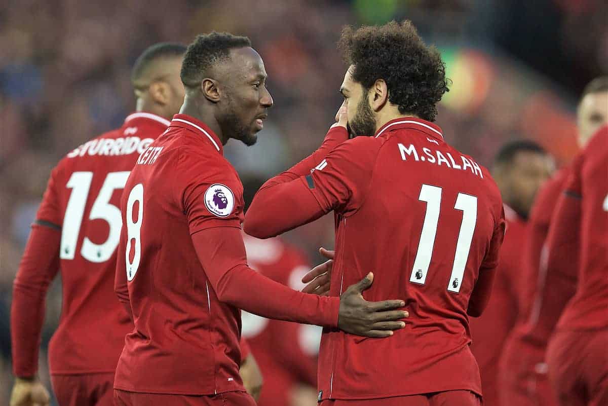 LIVERPOOL, ENGLAND - Friday, April 26, 2019: Liverpool's Naby Keita (L) celebrates scoring the first goal with team-mate Mohamed Salah during the FA Premier League match between Liverpool FC and Huddersfield Town AFC at Anfield. (Pic by David Rawcliffe/Propaganda)