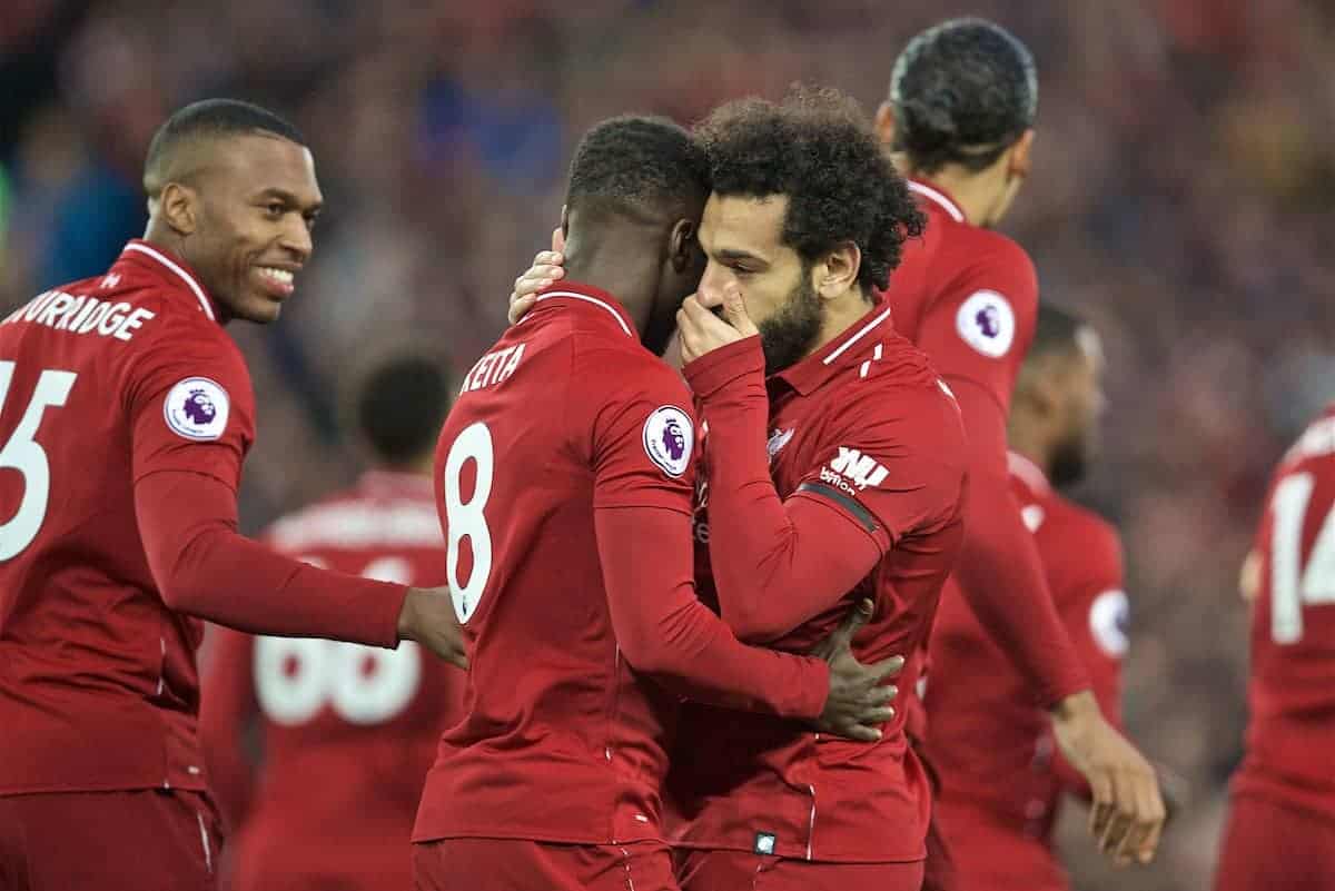 LIVERPOOL, ENGLAND - Friday, April 26, 2019: Liverpool's Naby Keita (L) celebrates scoring the first goal with team-mate Mohamed Salah during the FA Premier League match between Liverpool FC and Huddersfield Town AFC at Anfield. (Pic by David Rawcliffe/Propaganda)