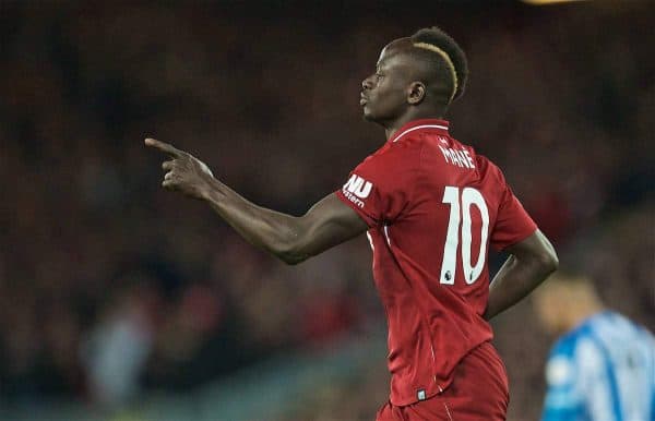 LIVERPOOL, ENGLAND - Friday, April 26, 2019: Liverpool's Sadio Mane celebrates scoring the fourth goal during the FA Premier League match between Liverpool FC and Huddersfield Town AFC at Anfield. (Pic by David Rawcliffe/Propaganda)