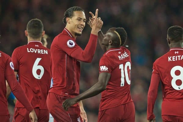 LIVERPOOL, ENGLAND - Friday, April 26, 2019: Liverpool's Sadio Mane celebrates scoring the fourth goal with team-mate Virgil van Dijk during the FA Premier League match between Liverpool FC and Huddersfield Town AFC at Anfield. (Pic by David Rawcliffe/Propaganda)