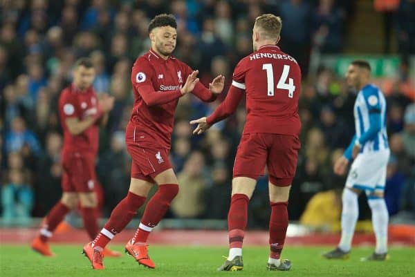 LIVERPOOL, ENGLAND - Friday, April 26, 2019: Liverpool's Alex Oxlade-Chamberlain comes on after a year out injured during the FA Premier League match between Liverpool FC and Huddersfield Town AFC at Anfield. (Pic by David Rawcliffe/Propaganda)