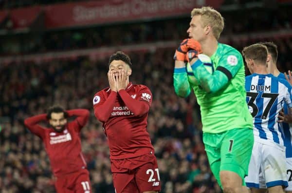 LIVERPOOL, ENGLAND - Friday, April 26, 2019: Liverpool's Alex Oxlade-Chamberlain looks dejected after missing a chance during the FA Premier League match between Liverpool FC and Huddersfield Town AFC at Anfield. (Pic by David Rawcliffe/Propaganda)