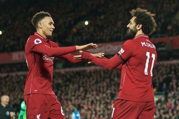 LIVERPOOL, ENGLAND - Friday, April 26, 2019: Liverpool's Mohamed Salah (R) celebrates scoring the fifth goal with team-mate Trent Alexander-Arnold during the FA Premier League match between Liverpool FC and Huddersfield Town AFC at Anfield. (Pic by David Rawcliffe/Propaganda)