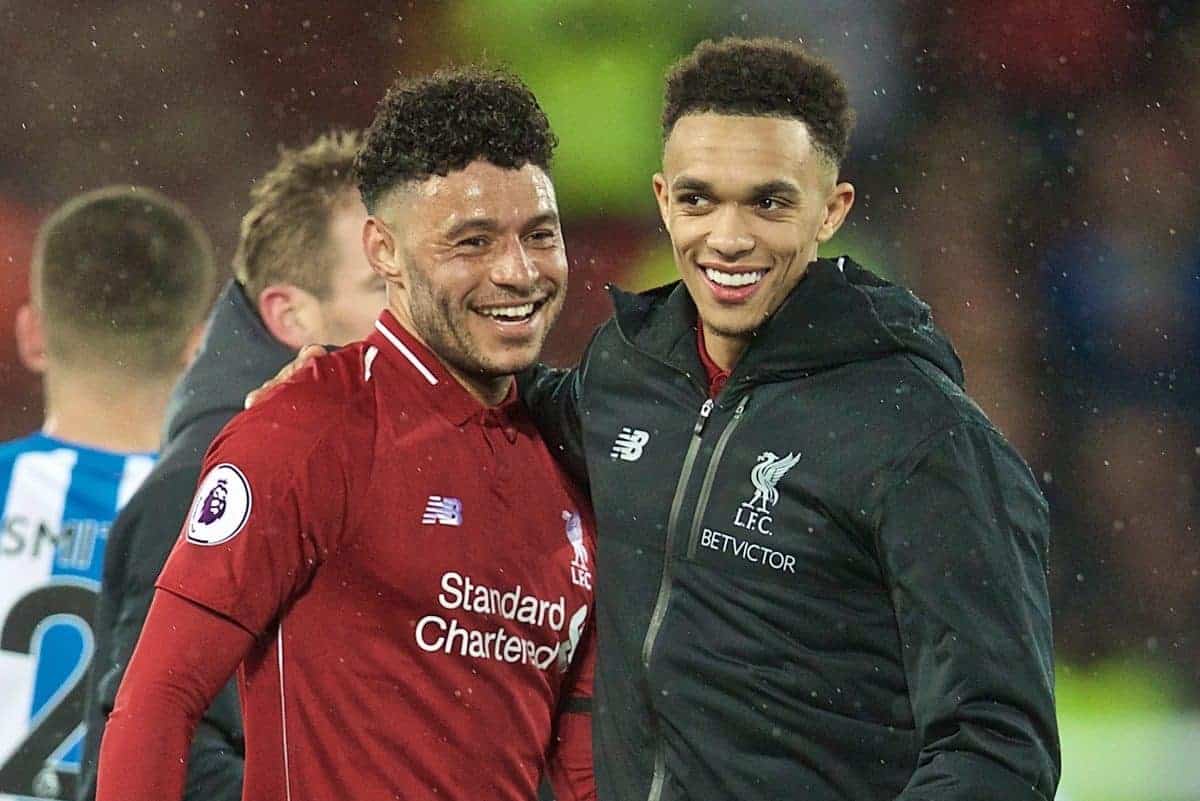 LIVERPOOL, ENGLAND - Friday, April 26, 2019: Liverpool's Alex Oxlade-Chamberlain (L) and Trent Alexander-Arnold celebrate after the FA Premier League match between Liverpool FC and Huddersfield Town AFC at Anfield. Liverpool won 5-0. (Pic by David Rawcliffe/Propaganda)