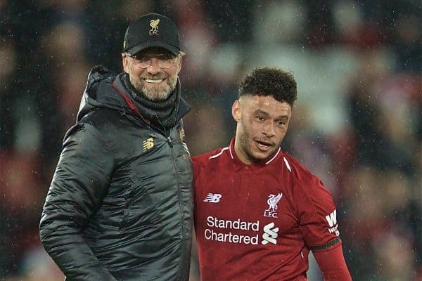 LIVERPOOL, ENGLAND - Friday, April 26, 2019: Liverpool's manager J¸rgen Klopp (L) and Alex Oxlade-Chamberlain (L) celebrate after the FA Premier League match between Liverpool FC and Huddersfield Town AFC at Anfield. Liverpool won 5-0. (Pic by David Rawcliffe/Propaganda)