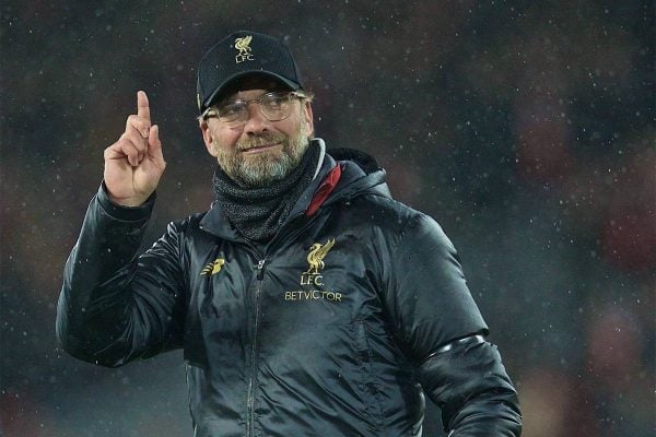 LIVERPOOL, ENGLAND - Friday, April 26, 2019: Liverpool's manager J¸rgen Klopp celebrates after the FA Premier League match between Liverpool FC and Huddersfield Town AFC at Anfield. Liverpool won 5-0. (Pic by David Rawcliffe/Propaganda)