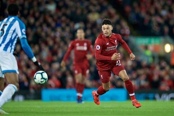 LIVERPOOL, ENGLAND - Friday, April 26, 2019: Liverpool's Alex Oxlade-Chamberlain during the FA Premier League match between Liverpool FC and Huddersfield Town AFC at Anfield. (Pic by David Rawcliffe/Propaganda)