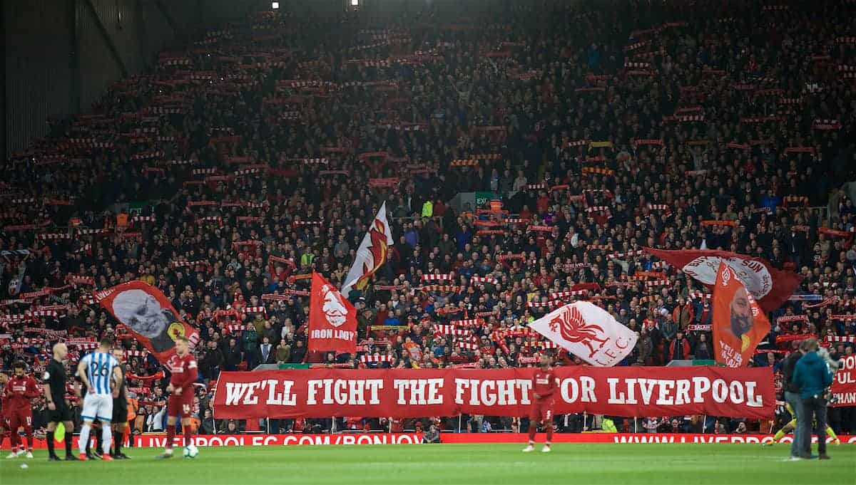 LIVERPOOL, ENGLAND - Friday, April 26, 2019: Liverpool supporters on the Spion Kop unfurl a new banner "We'll Fight The Fight For Liverpool" before the FA Premier League match between Liverpool FC and Huddersfield Town AFC at Anfield. (Pic by David Rawcliffe/Propaganda)