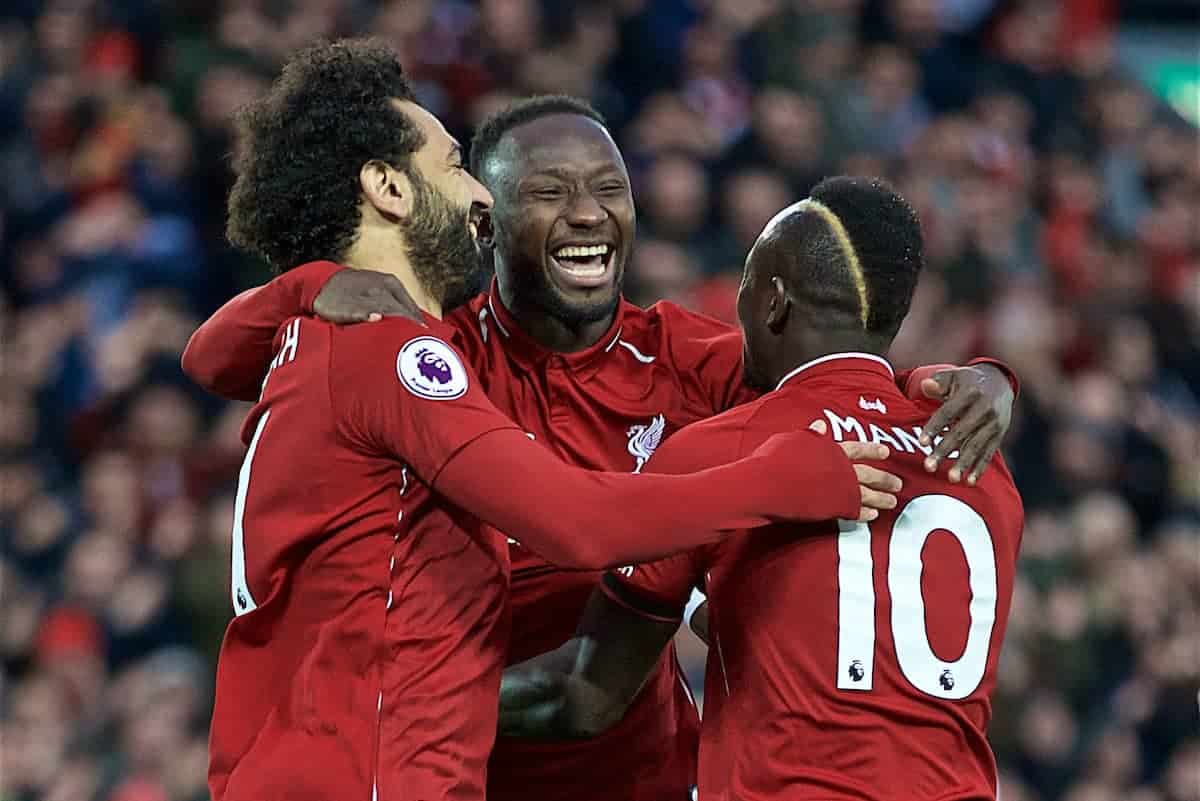 LIVERPOOL, ENGLAND - Friday, April 26, 2019: Liverpool's Naby Keita (C) celebrates scoring the first goal, in the first minute, with team-mates Mohamed Salah (L) and Sadio Mane (R) during the FA Premier League match between Liverpool FC and Huddersfield Town AFC at Anfield. (Pic by David Rawcliffe/Propaganda)