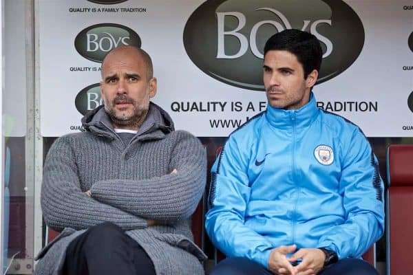 BURNLEY, ENGLAND - Sunday, April 28, 2019: Manchester City's manager Pep Guardiola (L) and assistant coach Mikael Arteta during the FA Premier League match between Burnley FC and Manchester City FC at Turf Moor. (Pic by David Rawcliffe/Propaganda)