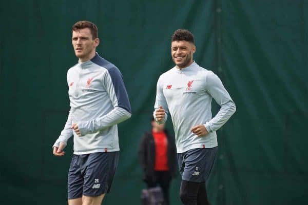 LIVERPOOL, ENGLAND - Tuesday, April 30, 2019: Liverpool's Andy Robertson (L) and Alex Oxlade-Chamberlain during a training session at Melwood Training Ground ahead of the UEFA Champions League Semi-Final 1st Leg match between FC Barcelona and Liverpool FC. (Pic by Laura Malkin/Propaganda)