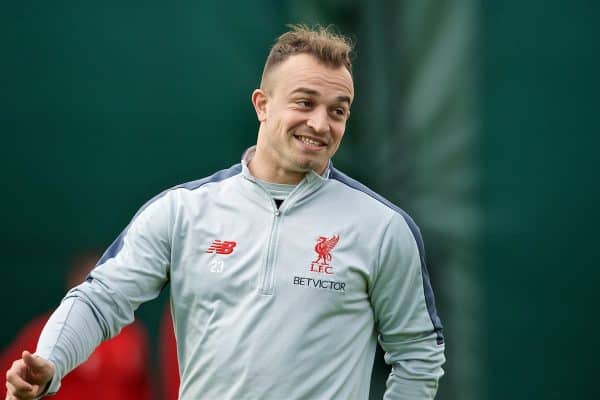 LIVERPOOL, ENGLAND - Tuesday, April 30, 2019: Liverpool's Xherdan Shaqiri during a training session at Melwood Training Ground ahead of the UEFA Champions League Semi-Final 1st Leg match between FC Barcelona and Liverpool FC. (Pic by Laura Malkin/Propaganda)