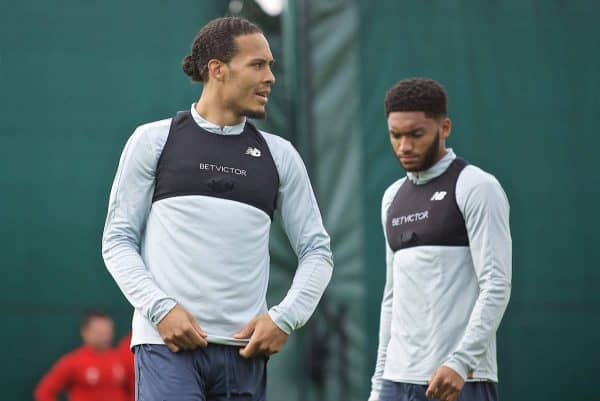 LIVERPOOL, ENGLAND - Tuesday, April 30, 2019: Liverpool's Virgil van Dijk (L) and Joe Gomez during a training session at Melwood Training Ground ahead of the UEFA Champions League Semi-Final 1st Leg match between FC Barcelona and Liverpool FC. (Pic by Laura Malkin/Propaganda)