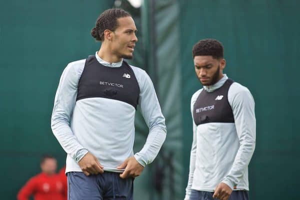 LIVERPOOL, ENGLAND - Tuesday, April 30, 2019: Liverpool's Virgil van Dijk (L) and Joe Gomez during a training session at Melwood Training Ground ahead of the UEFA Champions League Semi-Final 1st Leg match between FC Barcelona and Liverpool FC. (Pic by Laura Malkin/Propaganda)