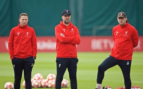 LIVERPOOL, ENGLAND - Tuesday, April 30, 2019: Liverpool's manager Jürgen Klopp (C) with first-team development coach Pepijn Lijnders (L) and assistant manager Peter Krawietz (R) during a training session at Melwood Training Ground ahead of the UEFA Champions League Semi-Final 1st Leg match between FC Barcelona and Liverpool FC. (Pic by Laura Malkin/Propaganda)