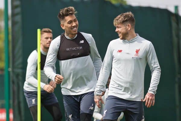 LIVERPOOL, ENGLAND - Tuesday, April 30, 2019: Liverpool's Roberto Firmino (L) and Alberto Moreno (R) during a training session at Melwood Training Ground ahead of the UEFA Champions League Semi-Final 1st Leg match between FC Barcelona and Liverpool FC. (Pic by Laura Malkin/Propaganda)