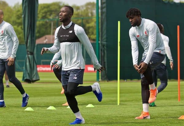 LIVERPOOL, ENGLAND - Tuesday, April 30, 2019: Liverpool's Naby Keita and Divock Origi during a training session at Melwood Training Ground ahead of the UEFA Champions League Semi-Final 1st Leg match between FC Barcelona and Liverpool FC. (Pic by Laura Malkin/Propaganda)