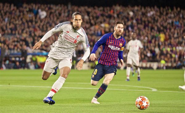 BARCELONA, SPAIN - Wednesday, May 1, 2019: Liverpool's Virgil van Dijk (L) and FC Barcelona's Lionel Messi during the UEFA Champions League Semi-Final 1st Leg match between FC Barcelona and Liverpool FC at the Camp Nou. (Pic by David Rawcliffe/Propaganda)