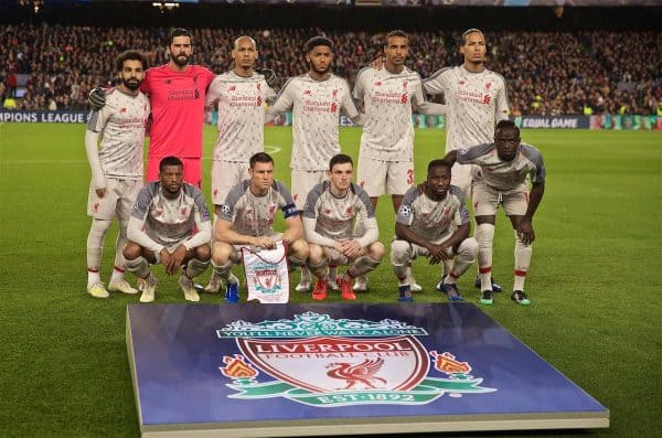 BARCELONA, SPAIN - Wednesday, May 1, 2019: Liverpool's players line-up for a team group photograph before the UEFA Champions League Semi-Final 1st Leg match between FC Barcelona and Liverpool FC at the Camp Nou. Back row L-R: Mohamed Salah, goalkeeper Alisson Becker, Fabio Henrique Tavares 'Fabinho', Joe Gomez, Joel Matip, Virgil van Dijk. Front row L-R: Georginio Wijnaldum, captain James Milner, Andy Robertson, Naby Keita, Sadio Mane. (Pic by David Rawcliffe/Propaganda)