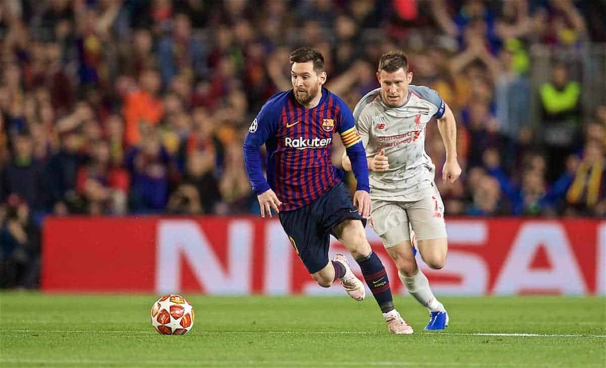 BARCELONA, SPAIN - Wednesday, May 1, 2019: Liverpool's captain James Milner (R) and FC Barcelona's Lionel Messi during the UEFA Champions League Semi-Final 1st Leg match between FC Barcelona and Liverpool FC at the Camp Nou. (Pic by David Rawcliffe/Propaganda)