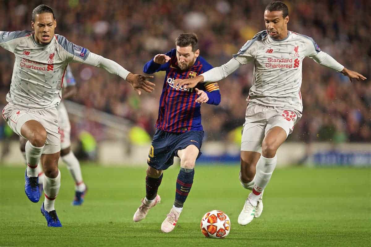 BARCELONA, SPAIN - Wednesday, May 1, 2019: FC Barcelona's Lionel Messi (C) is challenged by Liverpool's Virgil van Dijk (L) and Joel Matip (R) during the UEFA Champions League Semi-Final 1st Leg match between FC Barcelona and Liverpool FC at the Camp Nou. (Pic by David Rawcliffe/Propaganda)