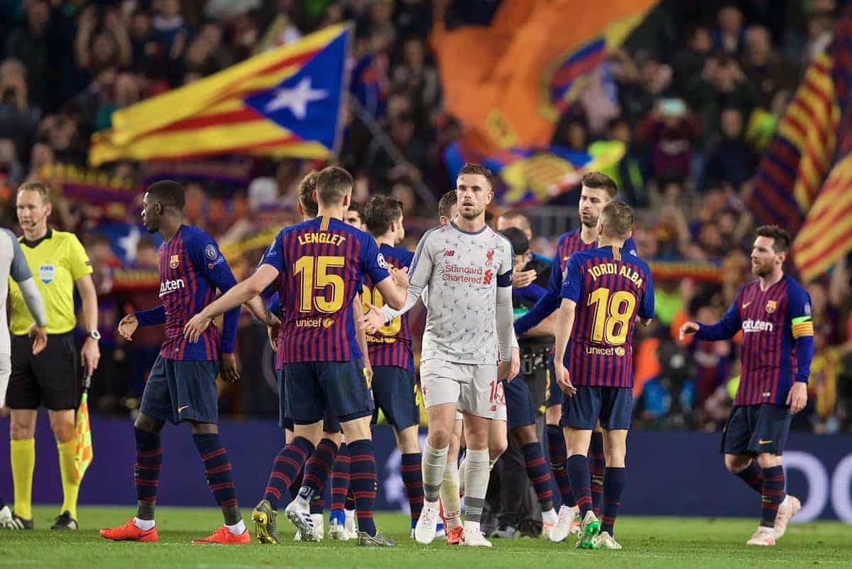 BARCELONA, SPAIN - Wednesday, May 1, 2019: Liverpool's captain Jordan Henderson looks dejected after losing 3-0 during the UEFA Champions League Semi-Final 1st Leg match between FC Barcelona and Liverpool FC at the Camp Nou. (Pic by David Rawcliffe/Propaganda)